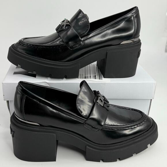 NEW DKNY Texas Heeled Platform Loafers in black size 9.5 Chunky academia heels - Picture 2 of 7